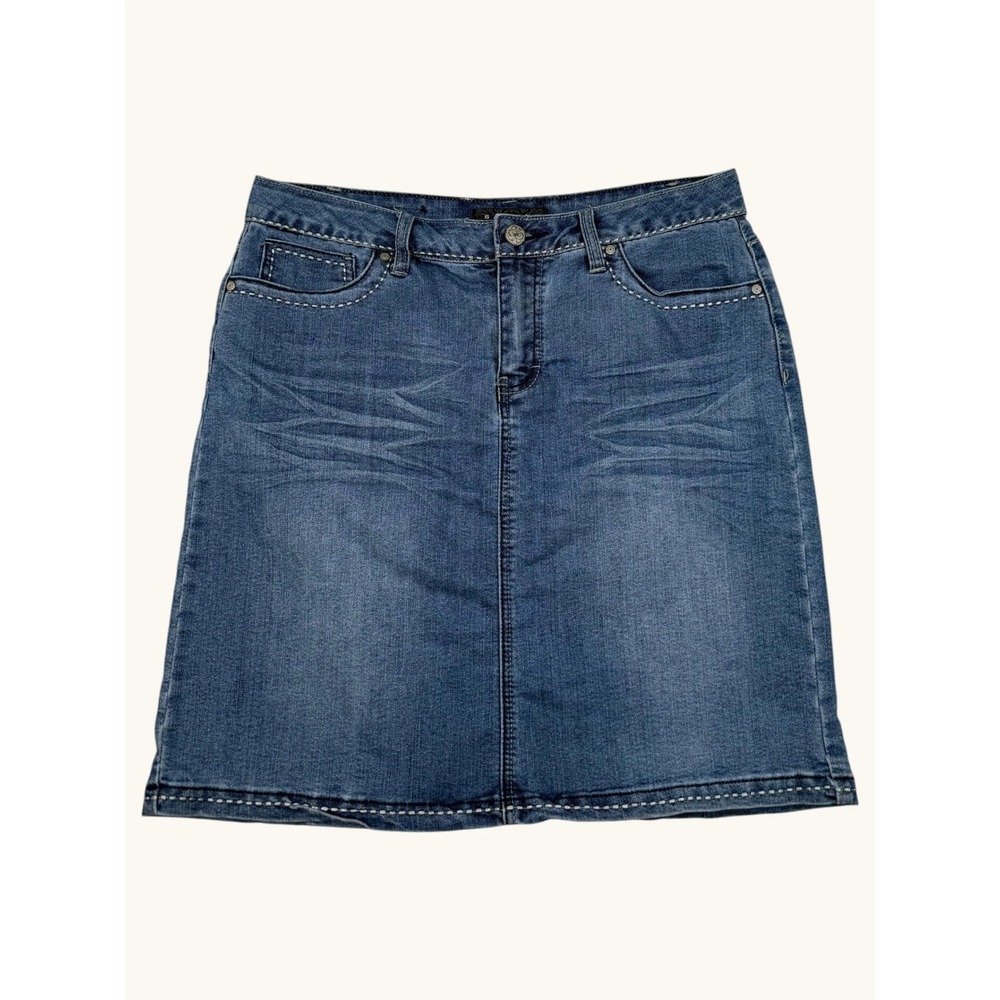 Baccini Womens Denim Mini Skirt Size 10 Blue Medium Wash Contrast Stitch Stretch